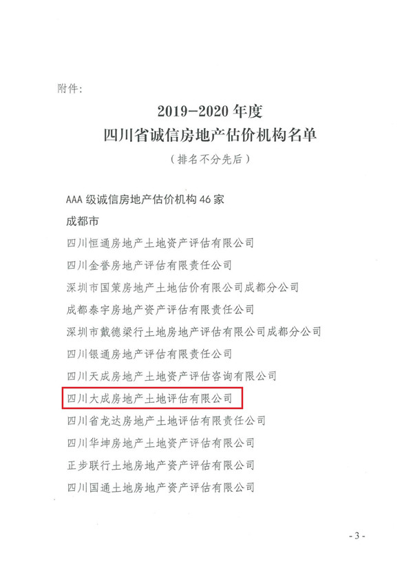 我公司榮獲“2019-2020年度四川省AAA級誠信房地產(chǎn)估價機構(gòu)”